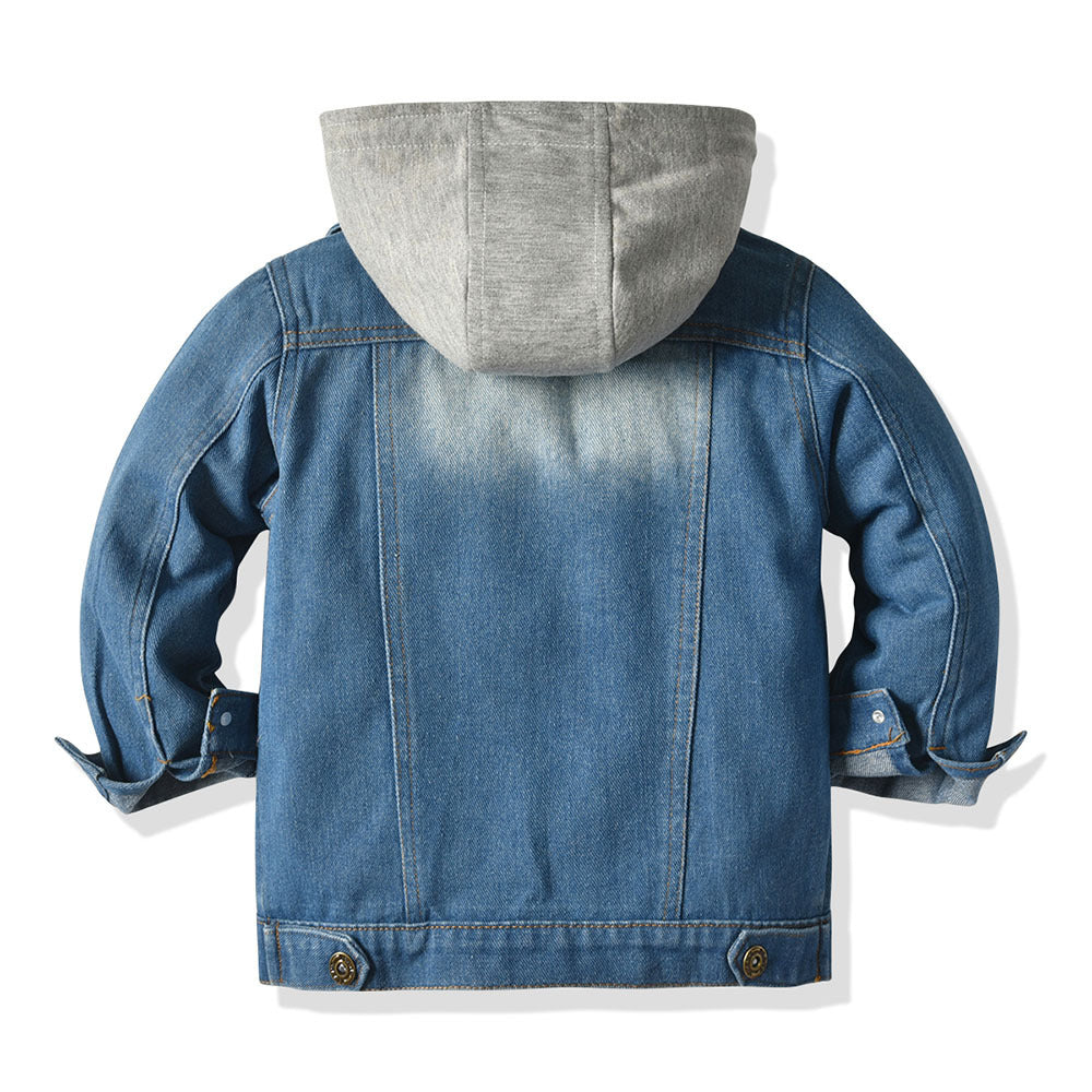 Children’s Fake Two-Piece Denim Jacket – Hooded Fashion Casual Top for Kids