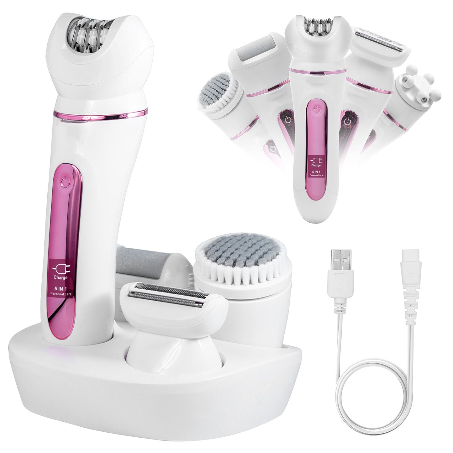 5-in-1 Electric Body Epilator Rechargeable Women’s Grooming Kit – Shaver, Facial Brush, Callus Remover, 5-Point Massager, LED Light & Display, Charging Base