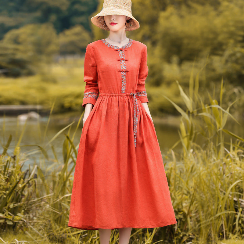 Vintage Cotton Linen Patchwork Midi Dress – Artistic Long Sleeve Round Neck, Women’s Lace-Up Cinched Waist