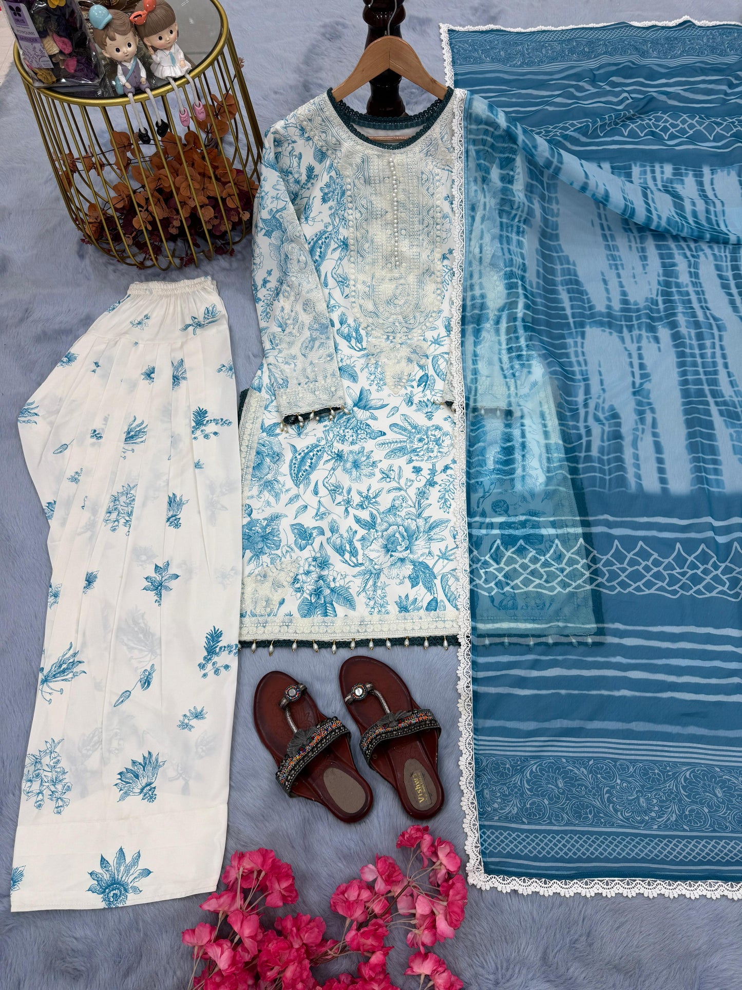 Designer Party Wear Printed Pure Natural Crepe Top & Farshi Palazzo Set with Dupatta – Elegant New Women’s Ethnic Outfit