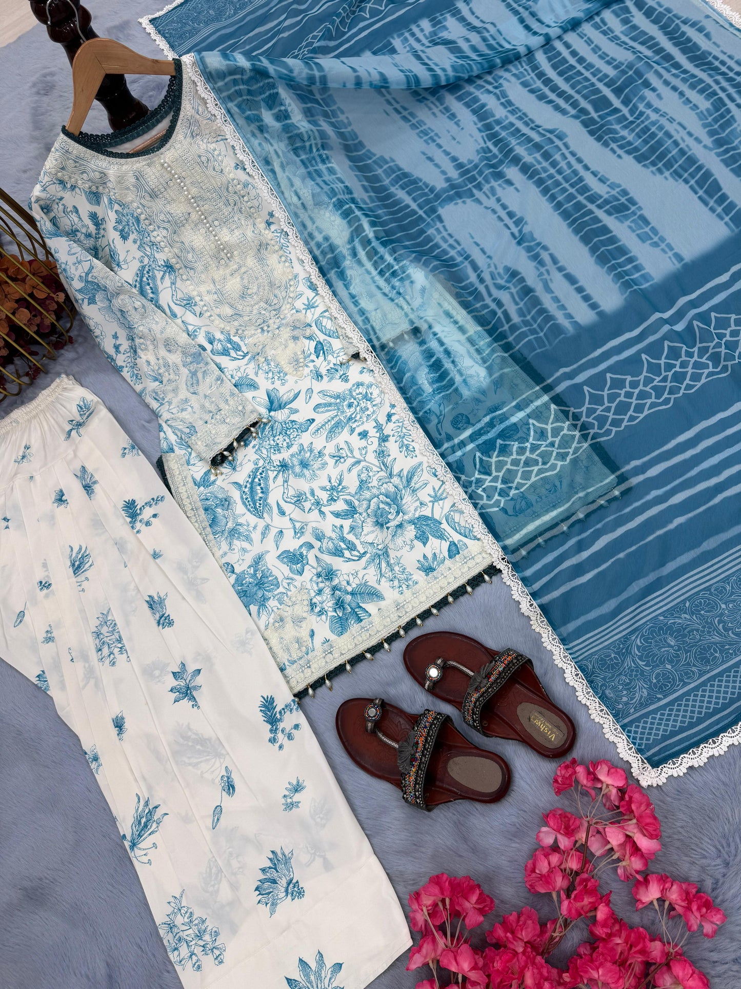 Designer Party Wear Printed Pure Natural Crepe Top & Farshi Palazzo Set with Dupatta – Elegant New Women’s Ethnic Outfit