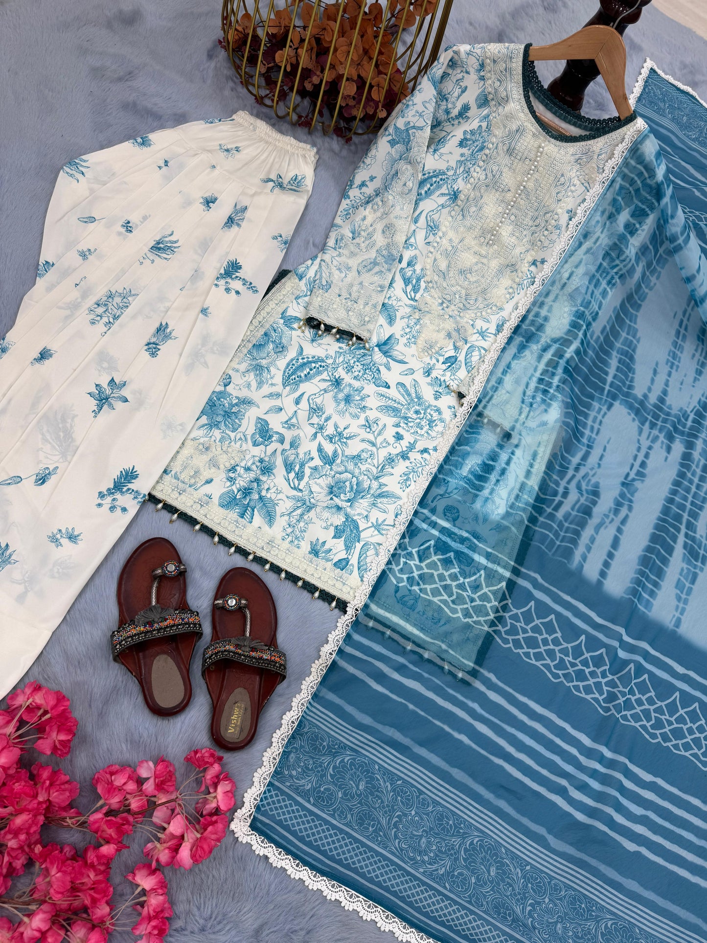 Designer Party Wear Printed Pure Natural Crepe Top & Farshi Palazzo Set with Dupatta – Elegant New Women’s Ethnic Outfit