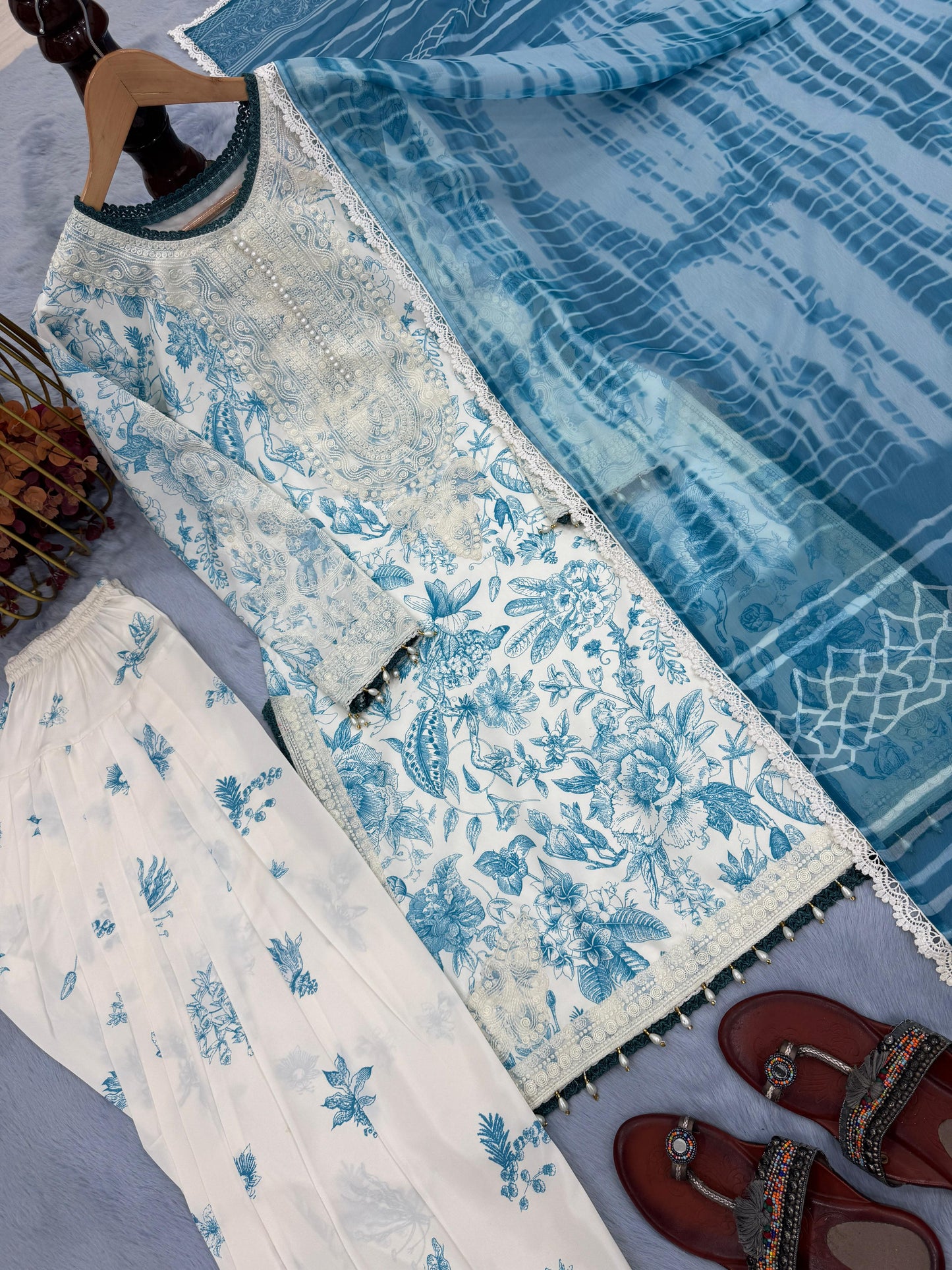 Designer Party Wear Printed Pure Natural Crepe Top & Farshi Palazzo Set with Dupatta – Elegant New Women’s Ethnic Outfit