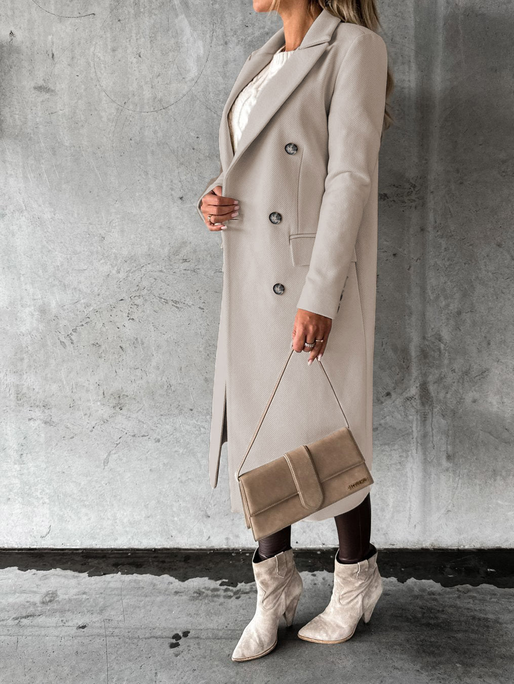 Women’s Double Breasted Lapel Winter Coat – Solid Slim Long Jacket, Fashionable Long Sleeve Top