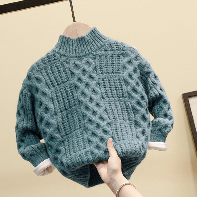 Boys Bright Color Western Style Sweater – Plus Velvet Warm Pullover for Kids