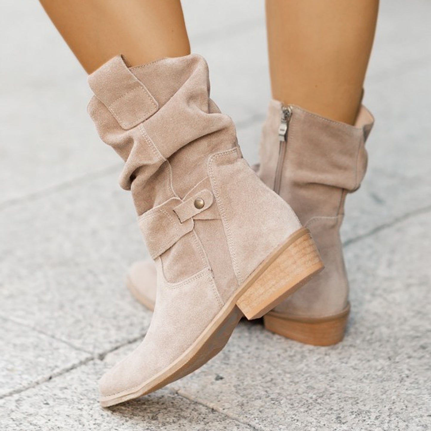 Ins Pointed Toe Mid-Calf Suede Zipper Western Boots – Fashion Winter Shoes for Women