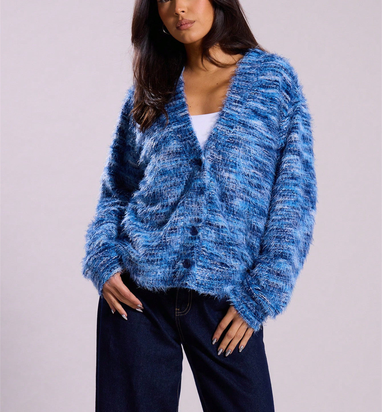 Women’s Winter Stripe Knitted Sweater – Button-Up Cropped V-Neck Cardigan, Long Sleeve Fashion Top