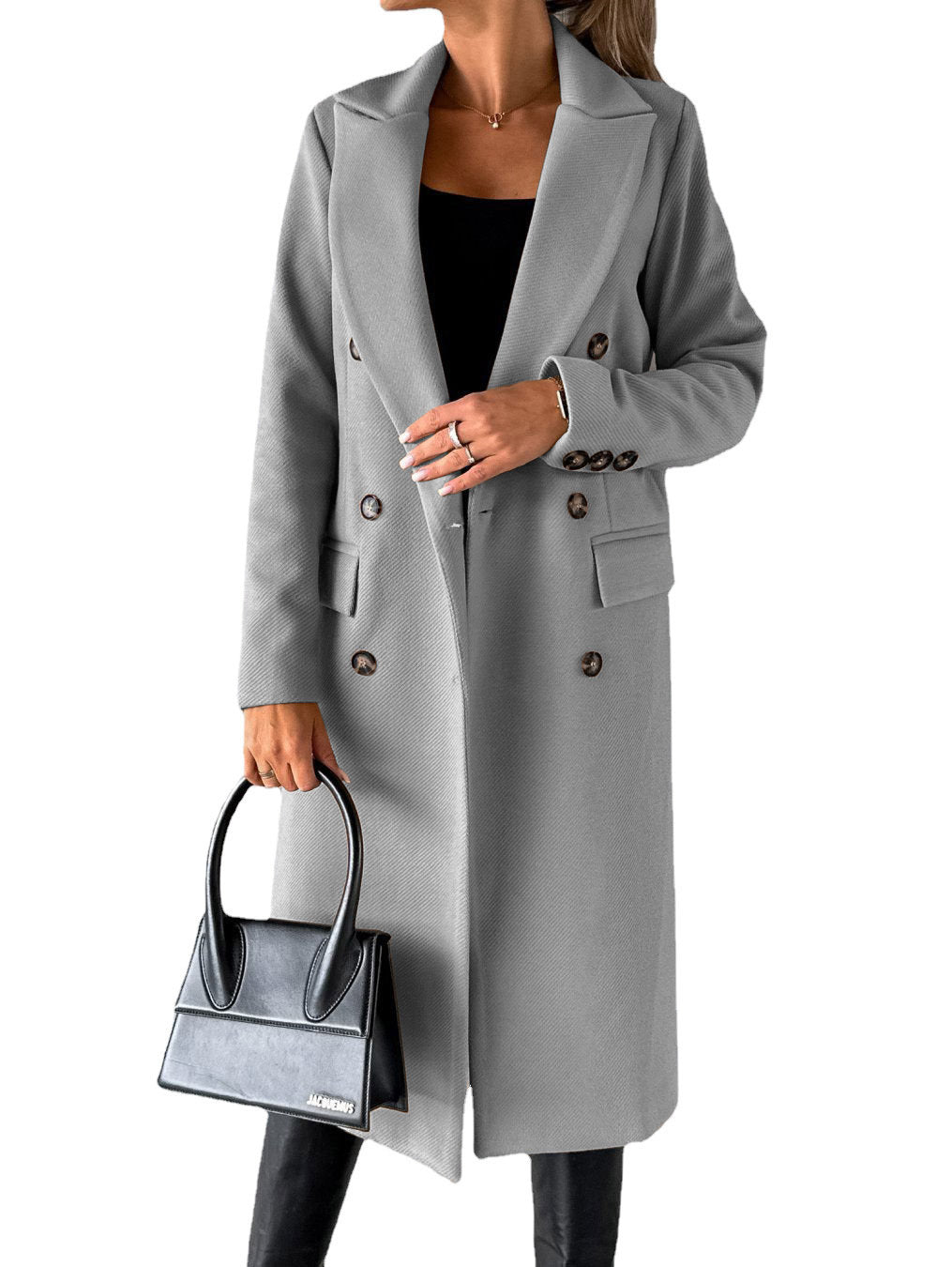 Women’s Double Breasted Lapel Winter Coat – Solid Slim Long Jacket, Fashionable Long Sleeve Top
