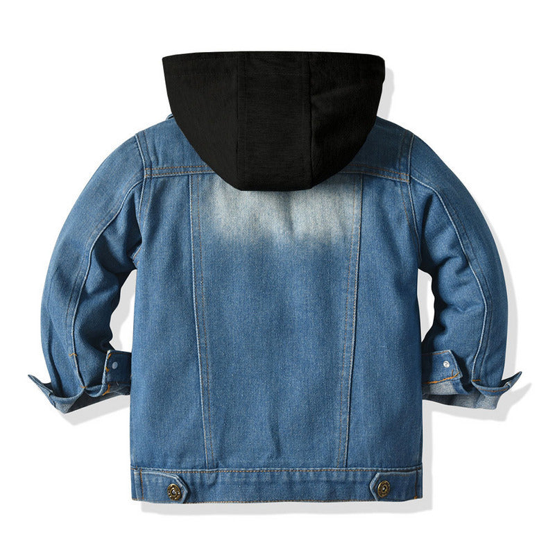 Children’s Fake Two-Piece Denim Jacket – Hooded Fashion Casual Top for Kids
