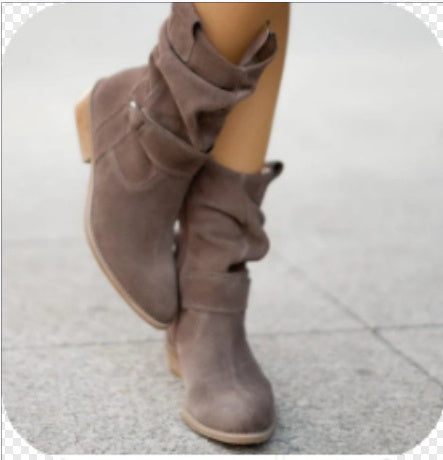 Ins Pointed Toe Mid-Calf Suede Zipper Western Boots – Fashion Winter Shoes for Women