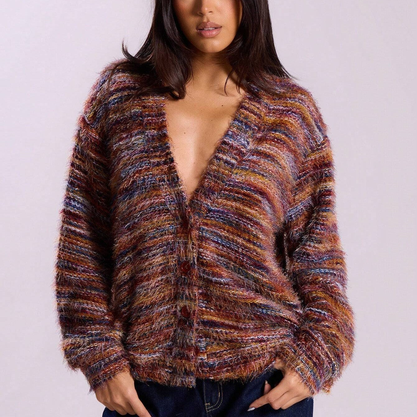 Women’s Winter Stripe Knitted Sweater – Button-Up Cropped V-Neck Cardigan, Long Sleeve Fashion Top