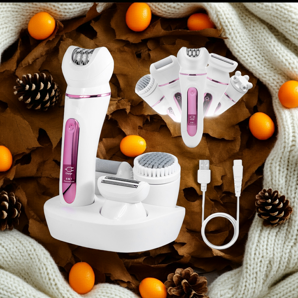 5-in-1 Electric Body Epilator Rechargeable Women’s Grooming Kit – Shaver, Facial Brush, Callus Remover, 5-Point Massager, LED Light & Display, Charging Base