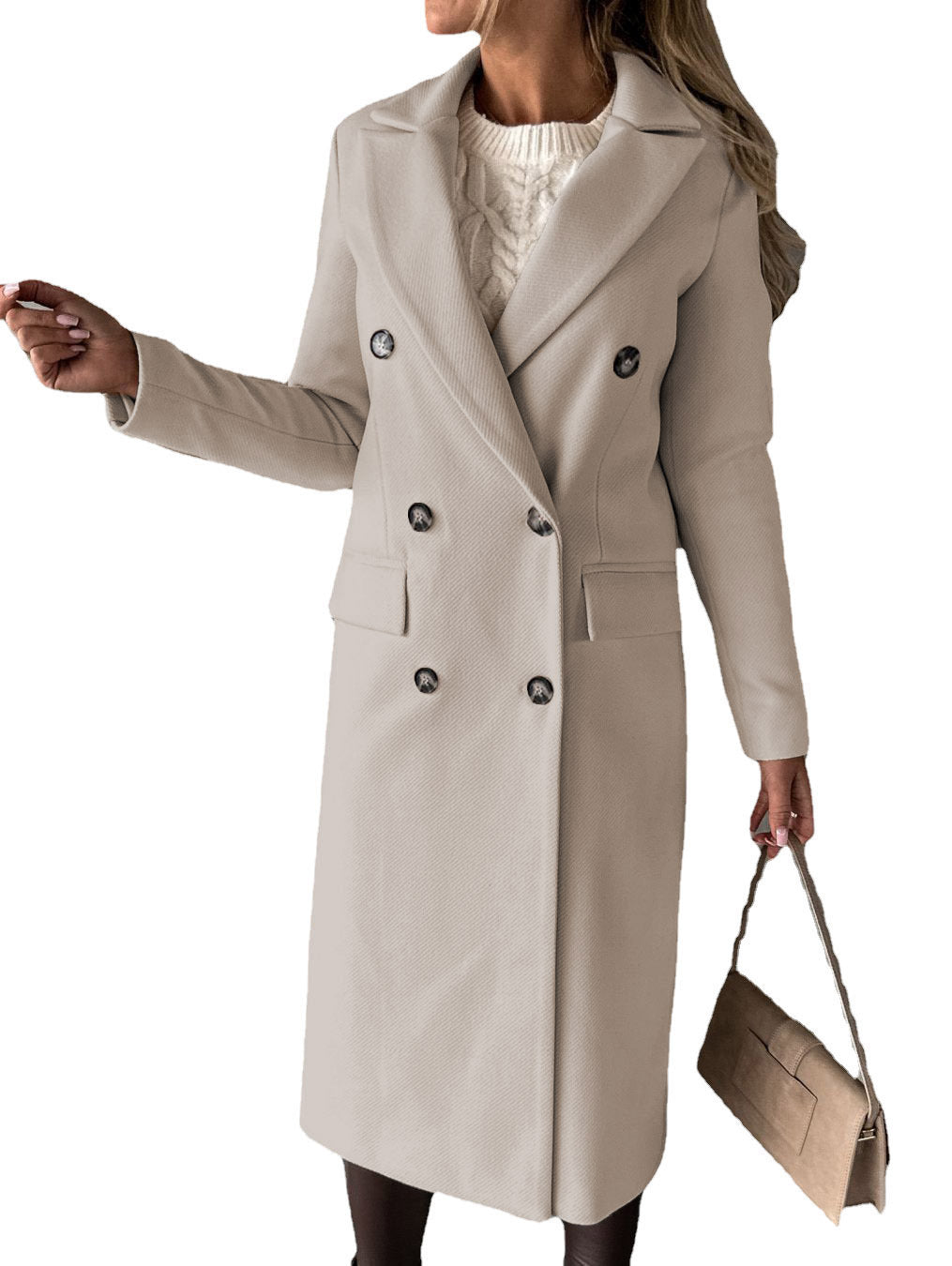 Women’s Double Breasted Lapel Winter Coat – Solid Slim Long Jacket, Fashionable Long Sleeve Top