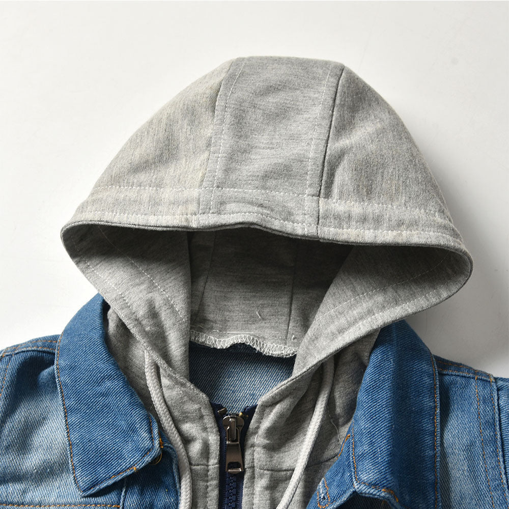 Children’s Fake Two-Piece Denim Jacket – Hooded Fashion Casual Top for Kids