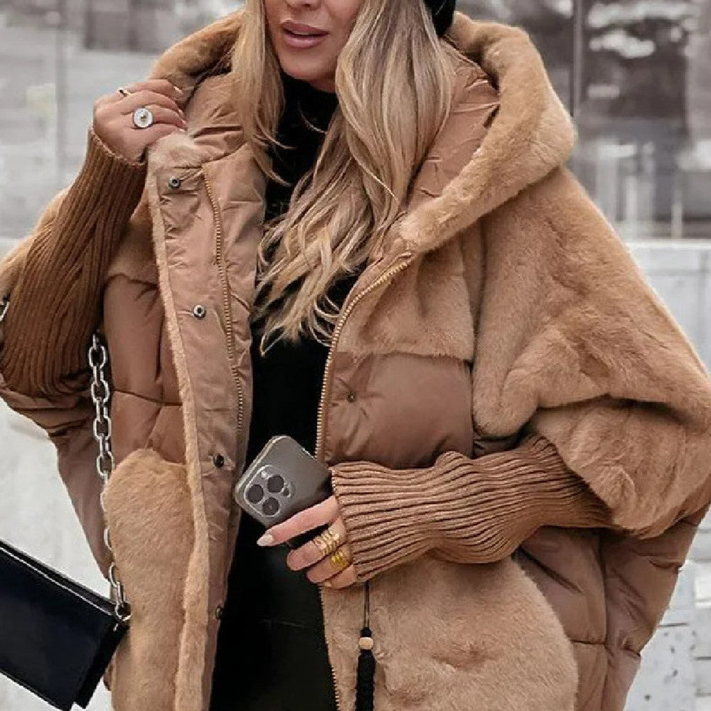 Women’s Loose Cotton Coat – Faux Fur Patchwork, Winter Hooded Jacket, Comfort Chic Long Sleeve Outerwear