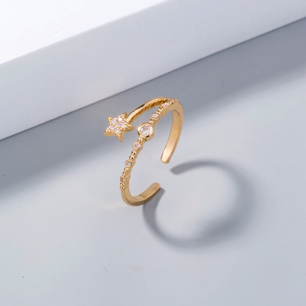 Gold Micro-Inlaid Pentagram Ring for Women – Adjustable Copper Band with Electroplated Finish