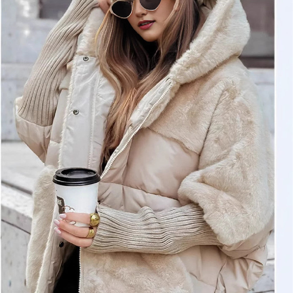 Women’s Loose Cotton Coat – Faux Fur Patchwork, Winter Hooded Jacket, Comfort Chic Long Sleeve Outerwear