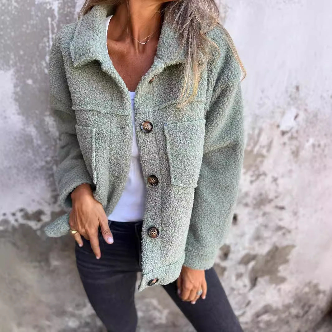 Women’s Lamb Wool Coat – Winter Lapel Single Breasted Cropped Jacket, Warm Fleece Outwear Top
