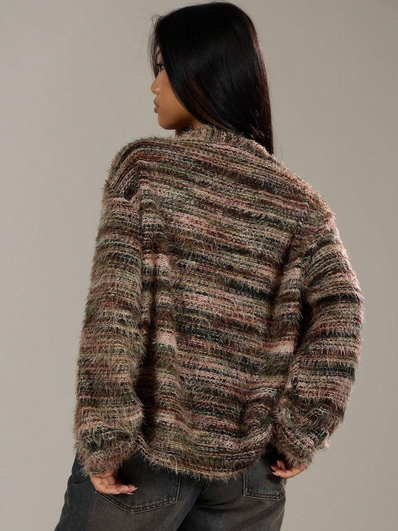 Women’s Winter Stripe Knitted Sweater – Button-Up Cropped V-Neck Cardigan, Long Sleeve Fashion Top