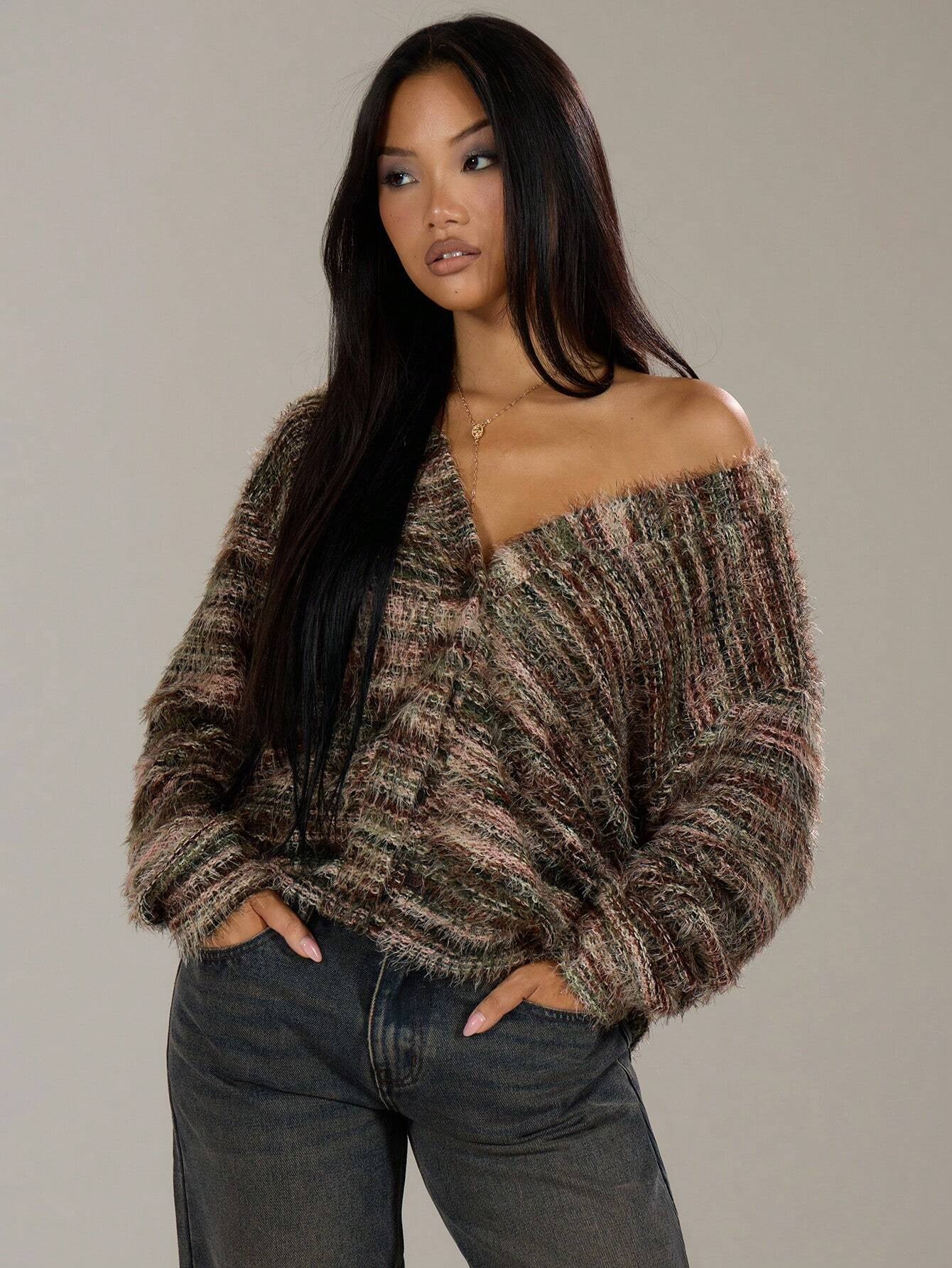 Women’s Winter Stripe Knitted Sweater – Button-Up Cropped V-Neck Cardigan, Long Sleeve Fashion Top