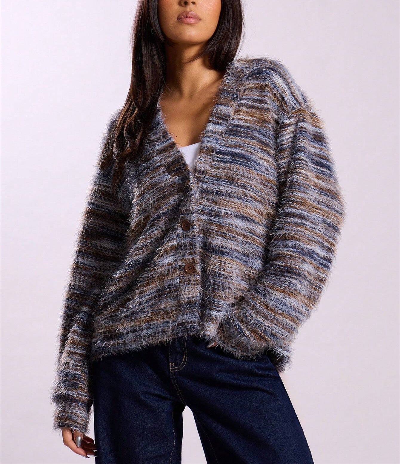 Women’s Winter Stripe Knitted Sweater – Button-Up Cropped V-Neck Cardigan, Long Sleeve Fashion Top