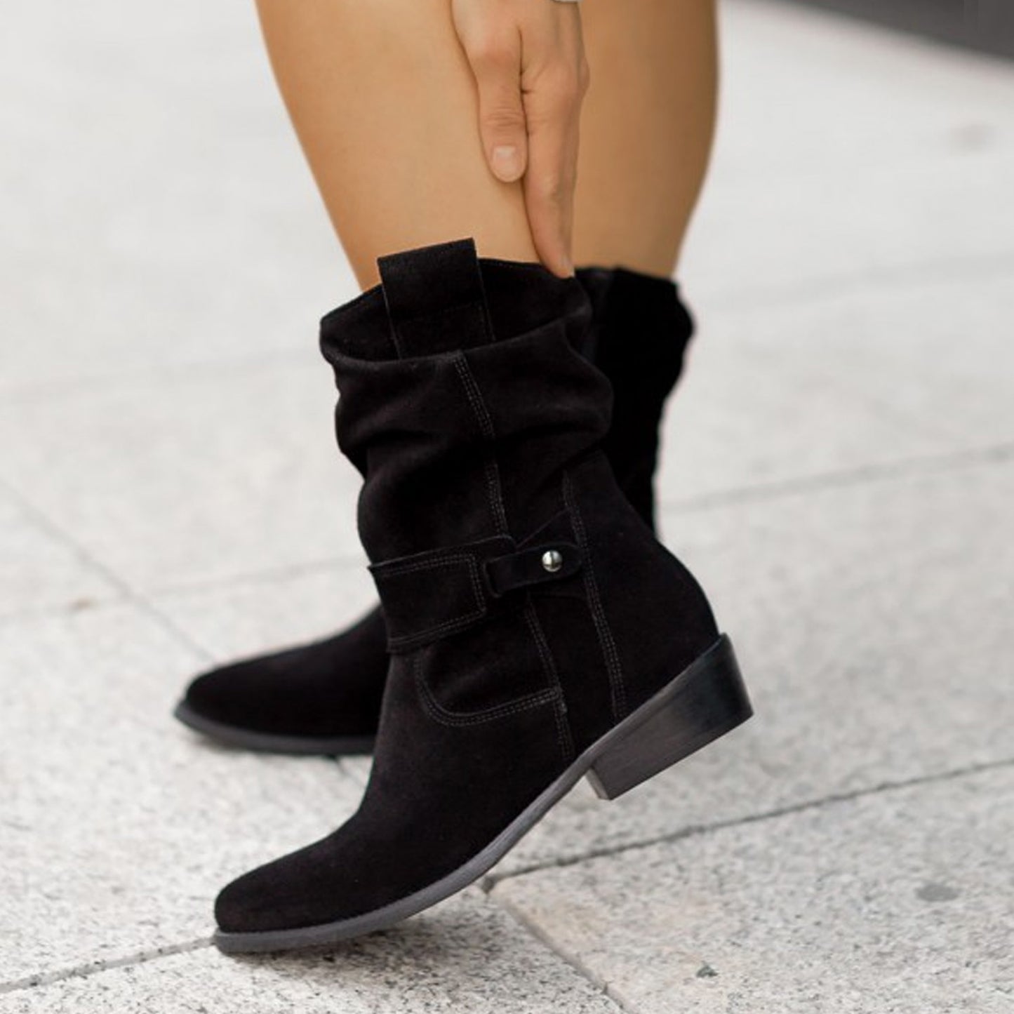 Ins Pointed Toe Mid-Calf Suede Zipper Western Boots – Fashion Winter Shoes for Women