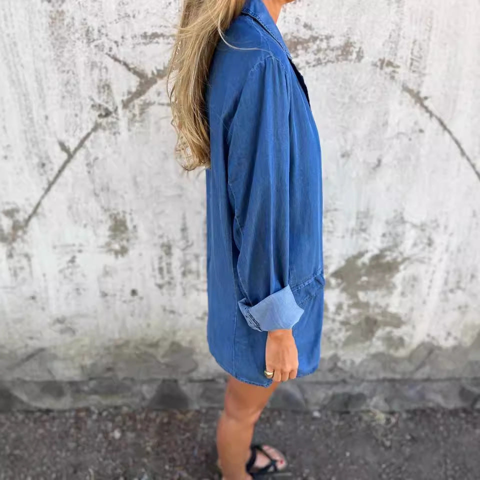 Women’s Denim Lapel Shirt Jacket – Solid Color Long-Sleeve Top, Casual Streetwear, Fashionable Autumn & Spring Daily Outerwear