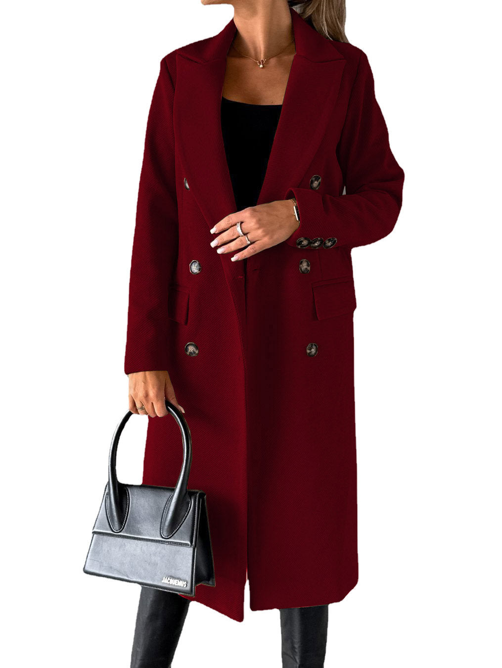 Women’s Double Breasted Lapel Winter Coat – Solid Slim Long Jacket, Fashionable Long Sleeve Top