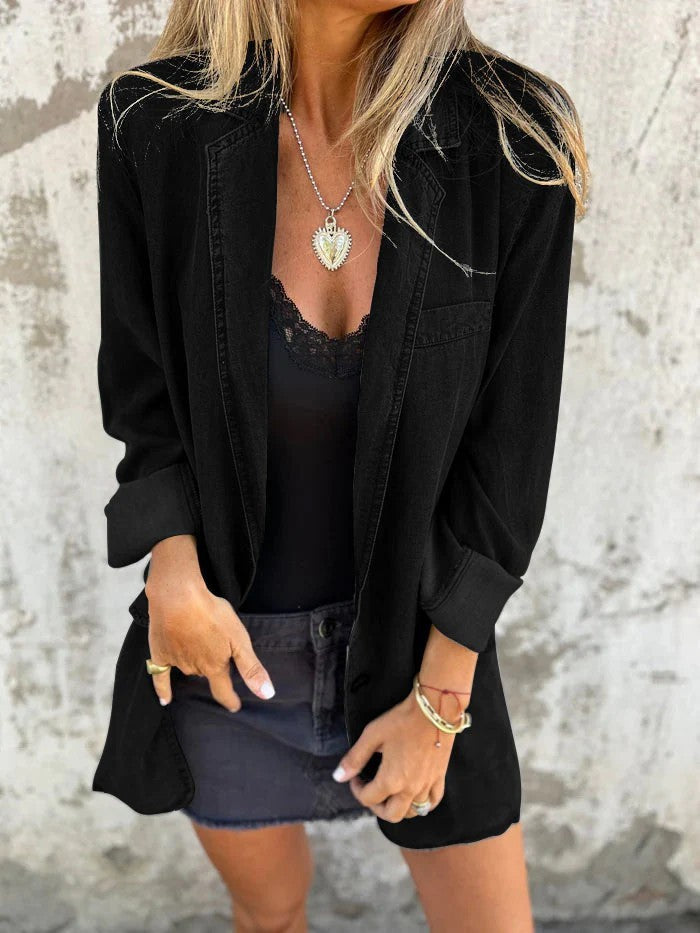 Women’s Denim Lapel Shirt Jacket – Solid Color Long-Sleeve Top, Casual Streetwear, Fashionable Autumn & Spring Daily Outerwear