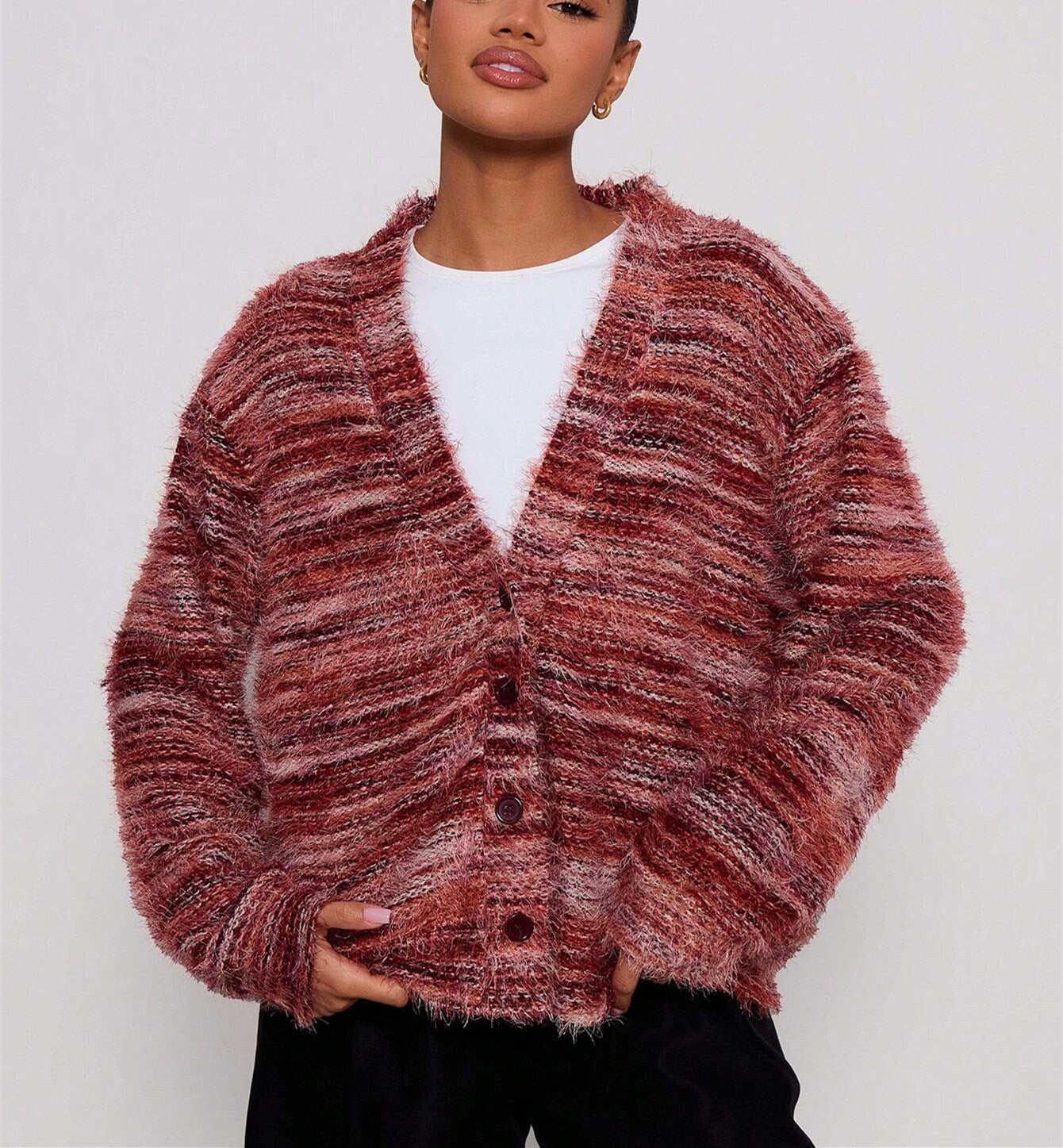 Women’s Winter Stripe Knitted Sweater – Button-Up Cropped V-Neck Cardigan, Long Sleeve Fashion Top