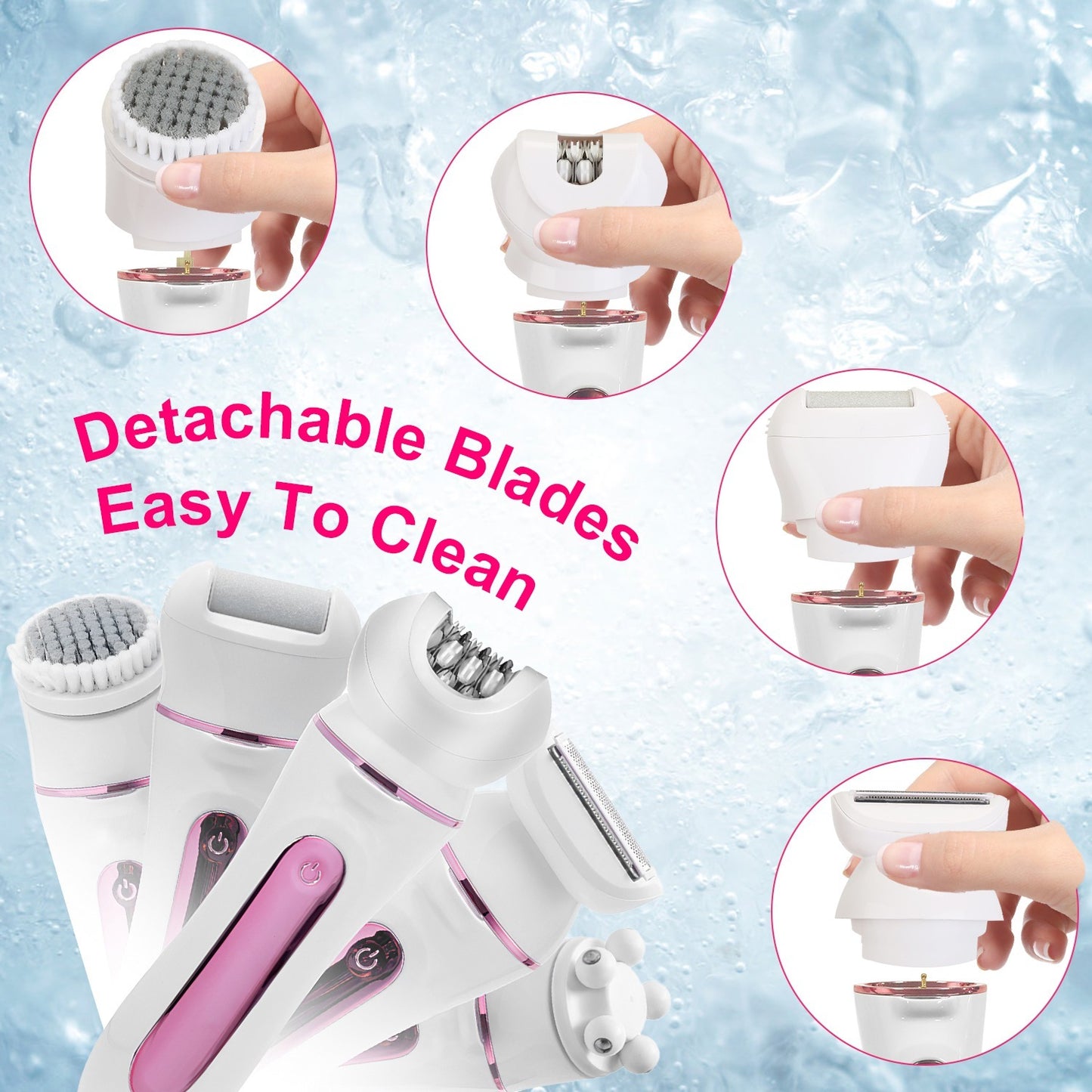 5-in-1 Electric Body Epilator Rechargeable Women’s Grooming Kit – Shaver, Facial Brush, Callus Remover, 5-Point Massager, LED Light & Display, Charging Base