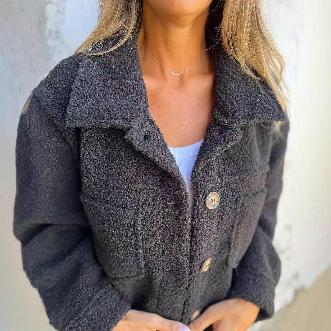 Women’s Lamb Wool Coat – Winter Lapel Single Breasted Cropped Jacket, Warm Fleece Outwear Top