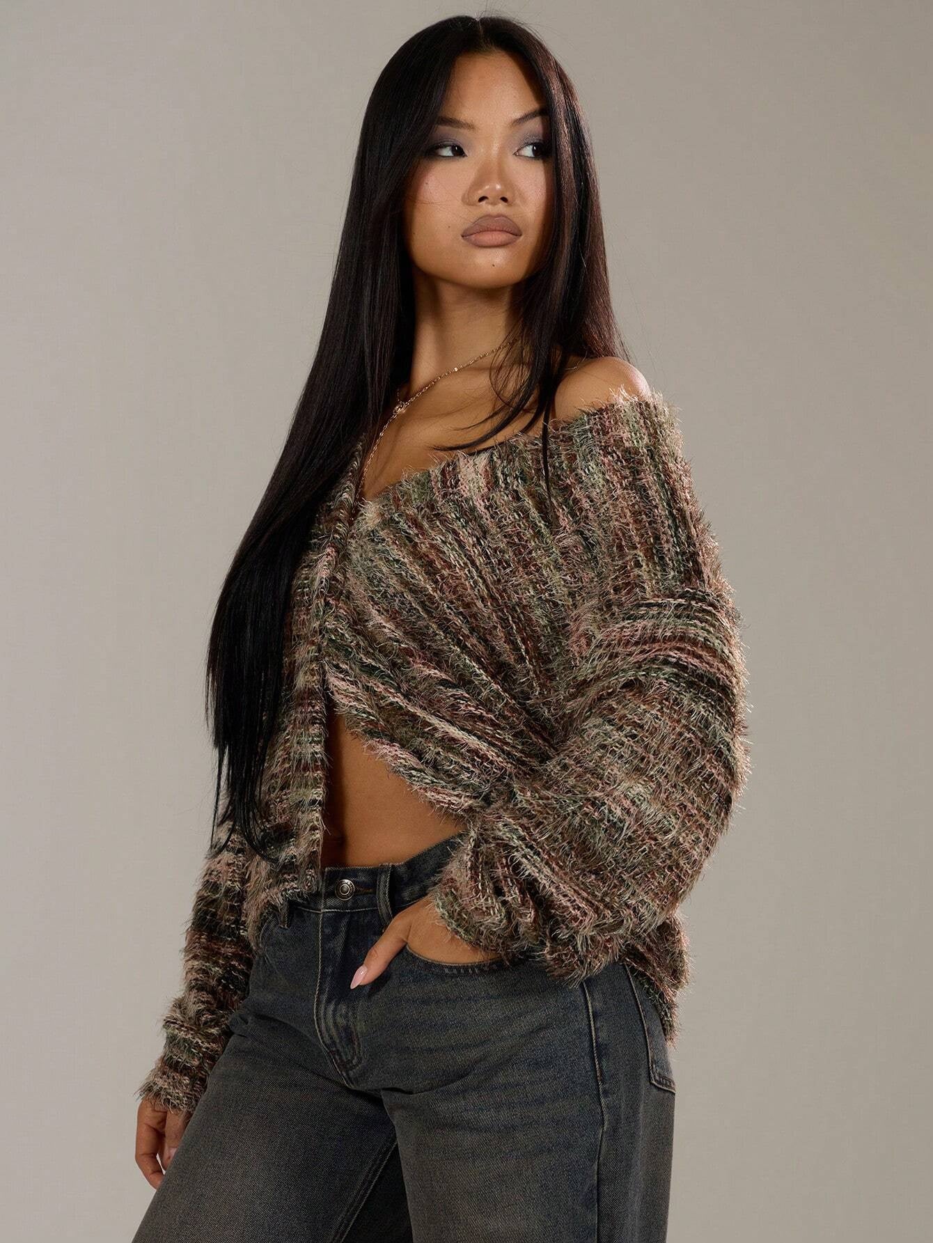 Women’s Winter Stripe Knitted Sweater – Button-Up Cropped V-Neck Cardigan, Long Sleeve Fashion Top