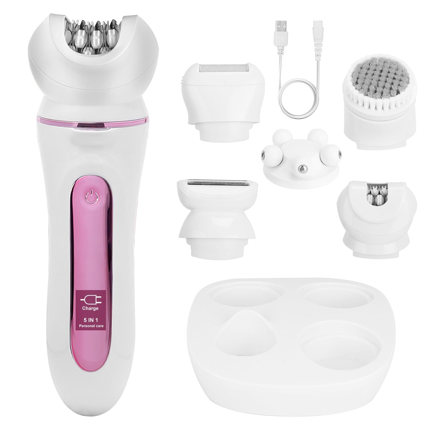 5-in-1 Electric Body Epilator Rechargeable Women’s Grooming Kit – Shaver, Facial Brush, Callus Remover, 5-Point Massager, LED Light & Display, Charging Base