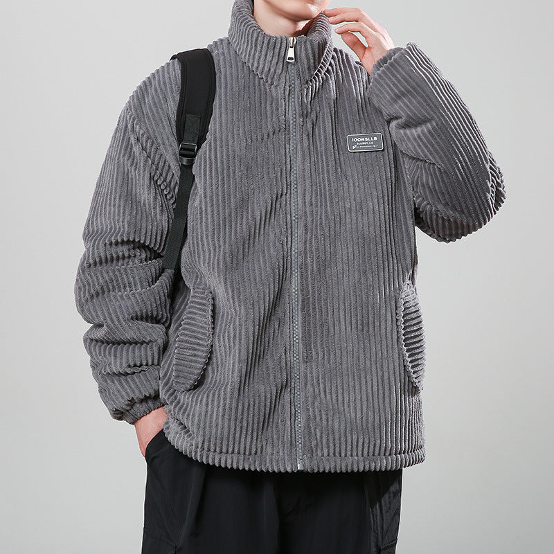 Unisex Corduroy Cotton-Padded Winter Coat – Warm Stand Collar Zipper Jacket, Casual Outdoor Streetwear, Comfortable Thick Long Sleeve Outerwear