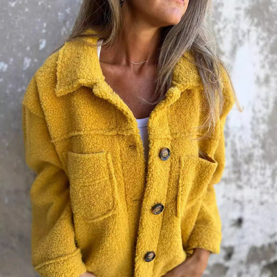 Women’s Lamb Wool Coat – Winter Lapel Single Breasted Cropped Jacket, Warm Fleece Outwear Top