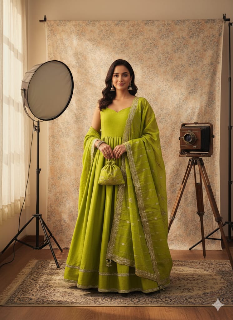 Elegant Lime Green Anarkali Dress with Dupatta & Potli Bag – Festive & Wedding Wear