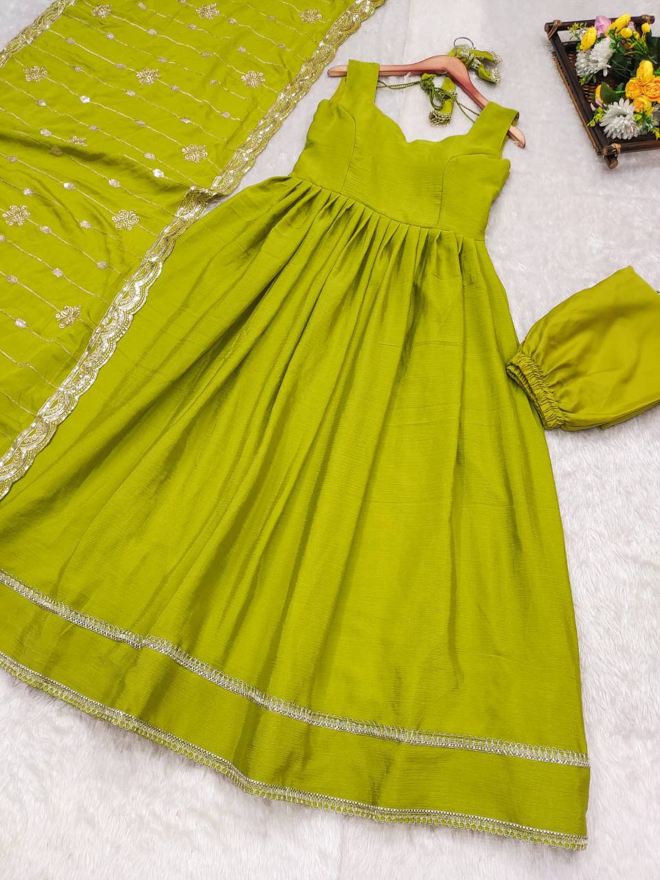 Elegant Lime Green Anarkali Dress with Dupatta & Potli Bag – Festive & Wedding Wear