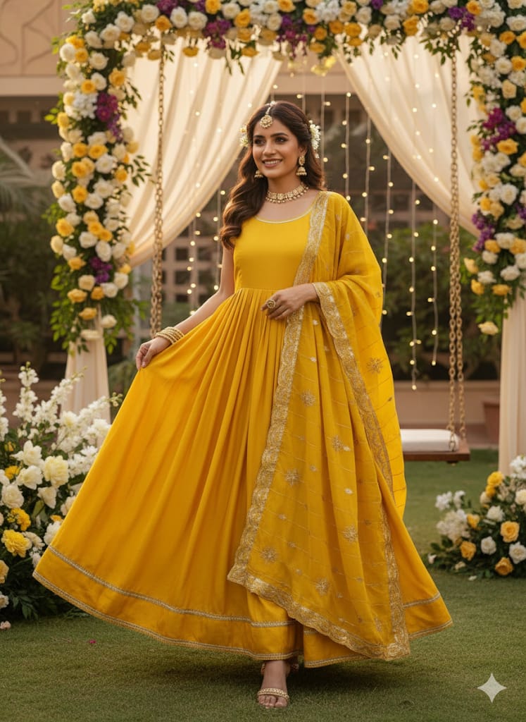 Elegant Lime Green Anarkali Dress with Dupatta & Potli Bag – Festive & Wedding Wear