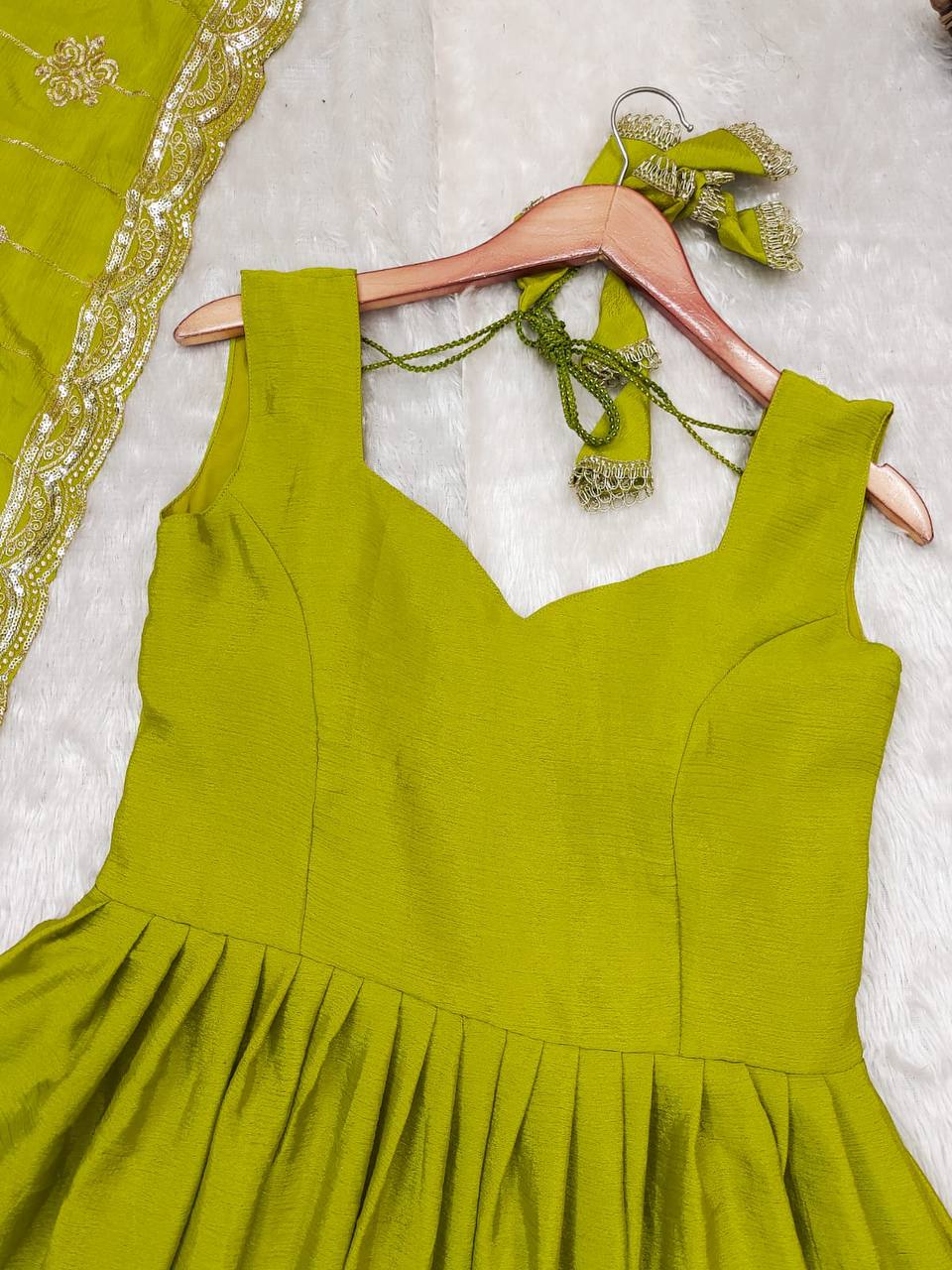 Elegant Lime Green Anarkali Dress with Dupatta & Potli Bag – Festive & Wedding Wear