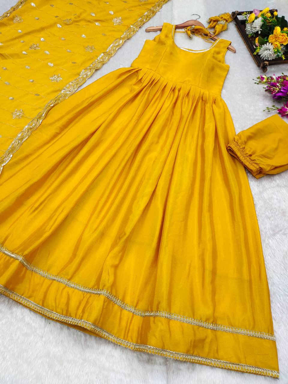 Elegant Lime Green Anarkali Dress with Dupatta & Potli Bag – Festive & Wedding Wear
