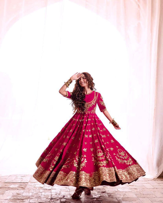Anarkali Gown with Sequins, Zari & Thread Embroidery – Elegant Bridal Dupatta Set, Heavy Designer Ethnic Wear