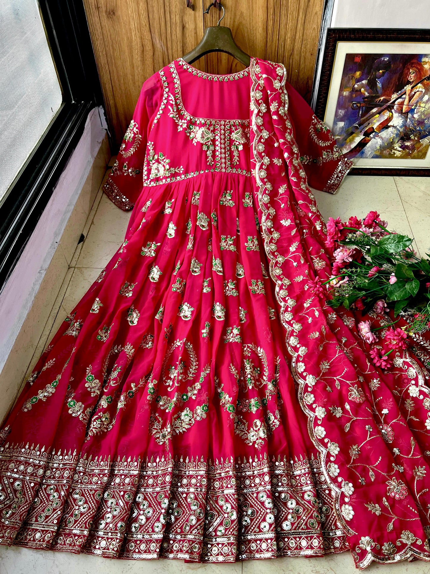 Anarkali Gown with Sequins, Zari & Thread Embroidery – Elegant Bridal Dupatta Set, Heavy Designer Ethnic Wear