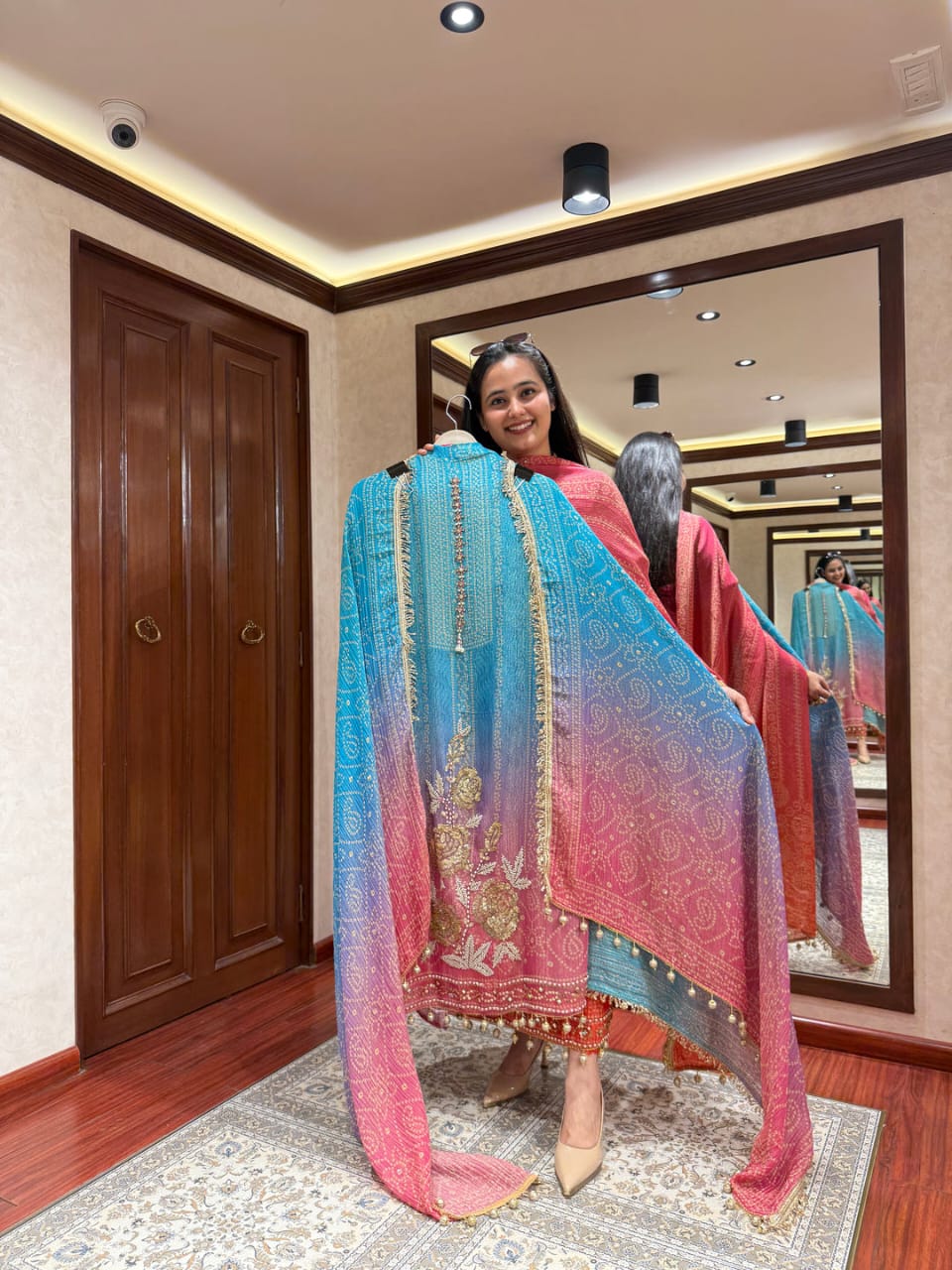 Premium Pure Softy Chinon Silk Kurti Set with Aari & Hand Work – 3-Piece Festive Wear