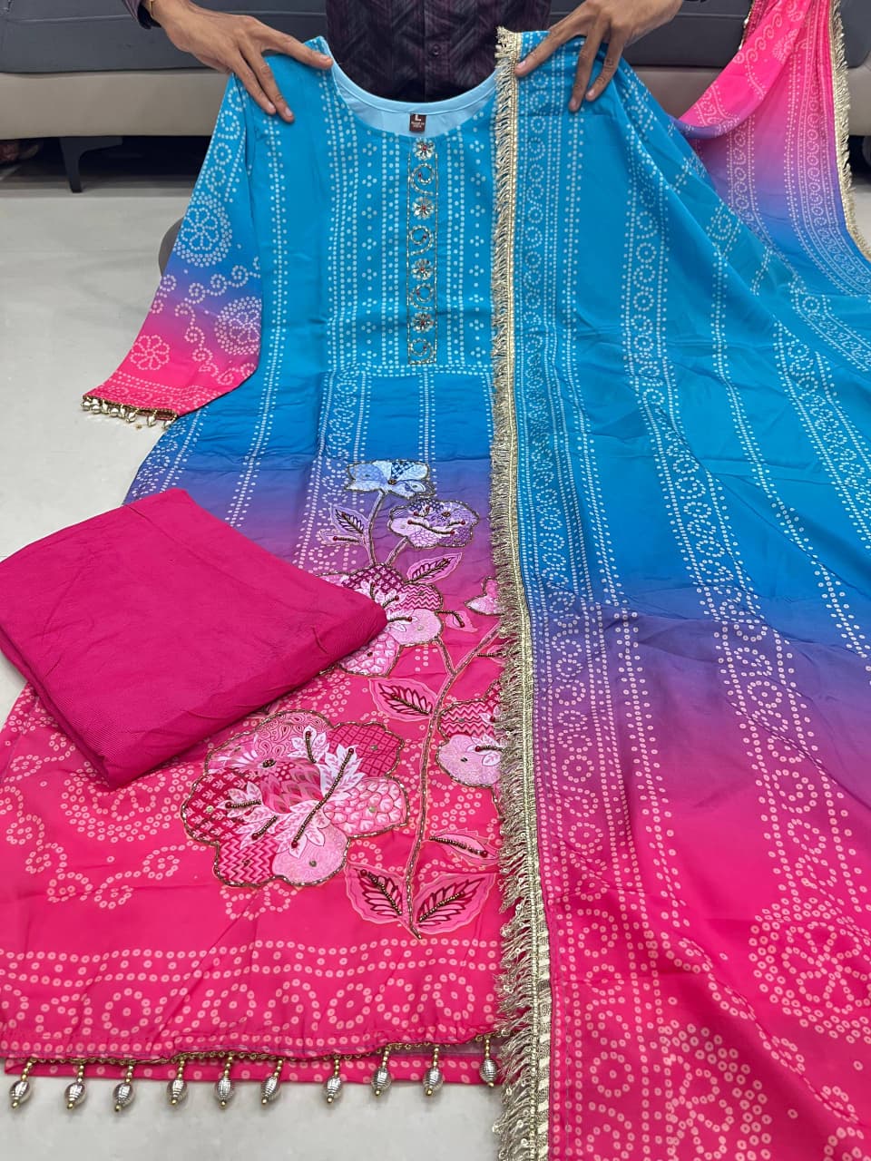 Premium Pure Softy Chinon Silk Kurti Set with Aari & Hand Work – 3-Piece Festive Wear