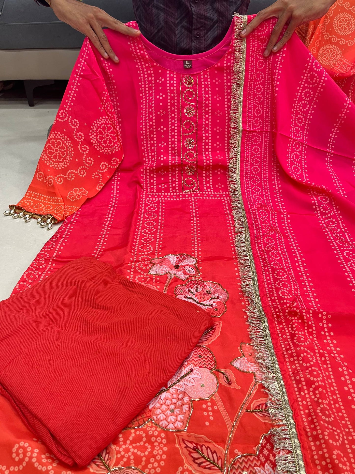 Premium Pure Softy Chinon Silk Kurti Set with Aari & Hand Work – 3-Piece Festive Wear
