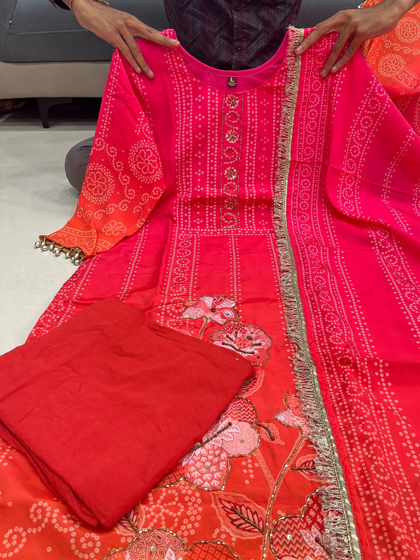 Premium Pure Softy Chinon Silk Kurti Set with Aari & Hand Work – 3-Piece Festive Wear