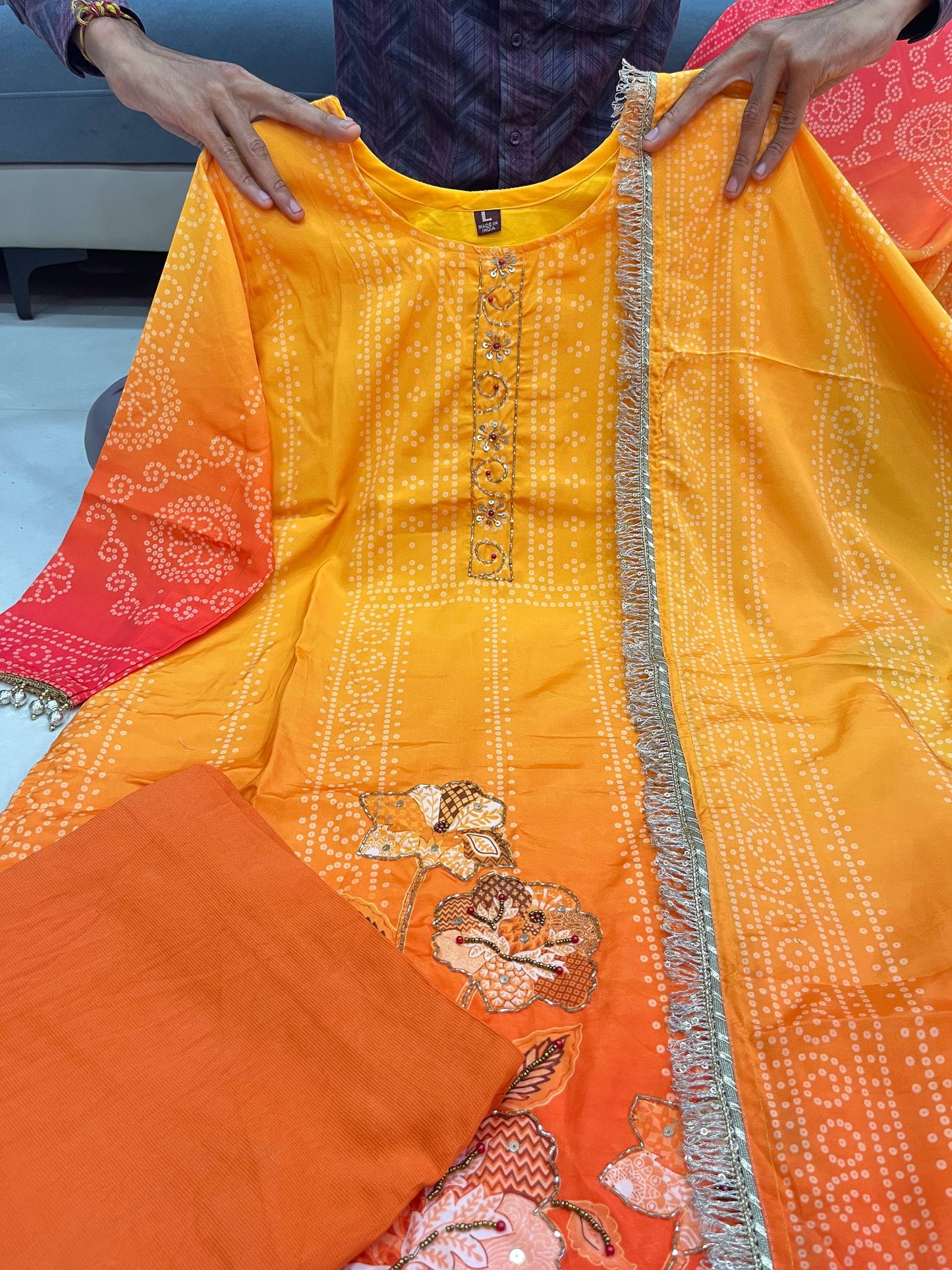 Premium Pure Softy Chinon Silk Kurti Set with Aari & Hand Work – 3-Piece Festive Wear