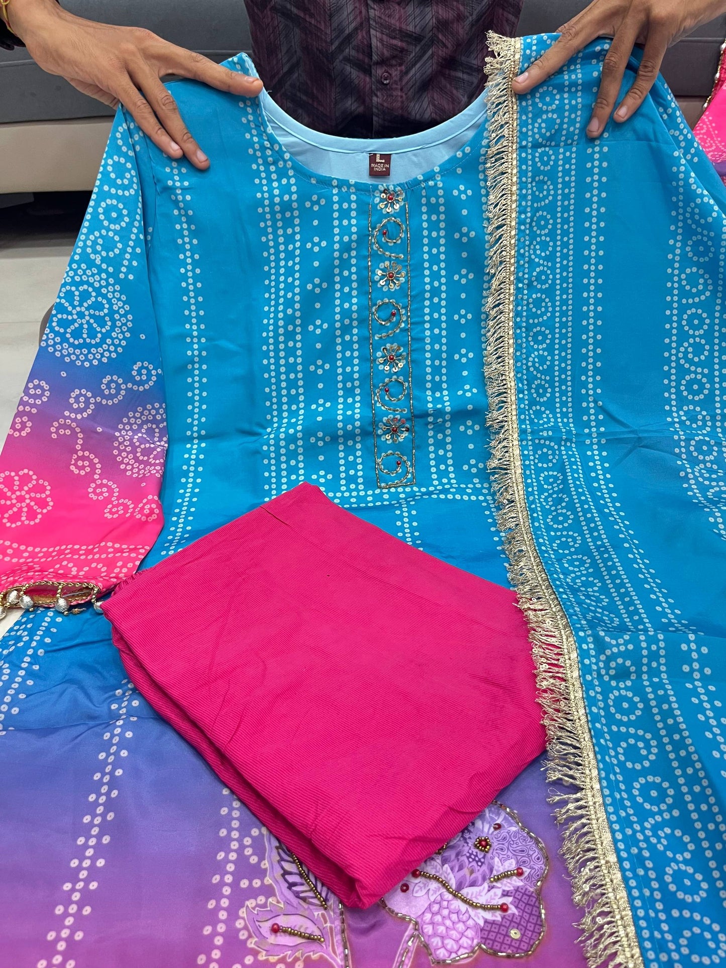 Premium Pure Softy Chinon Silk Kurti Set with Aari & Hand Work – 3-Piece Festive Wear