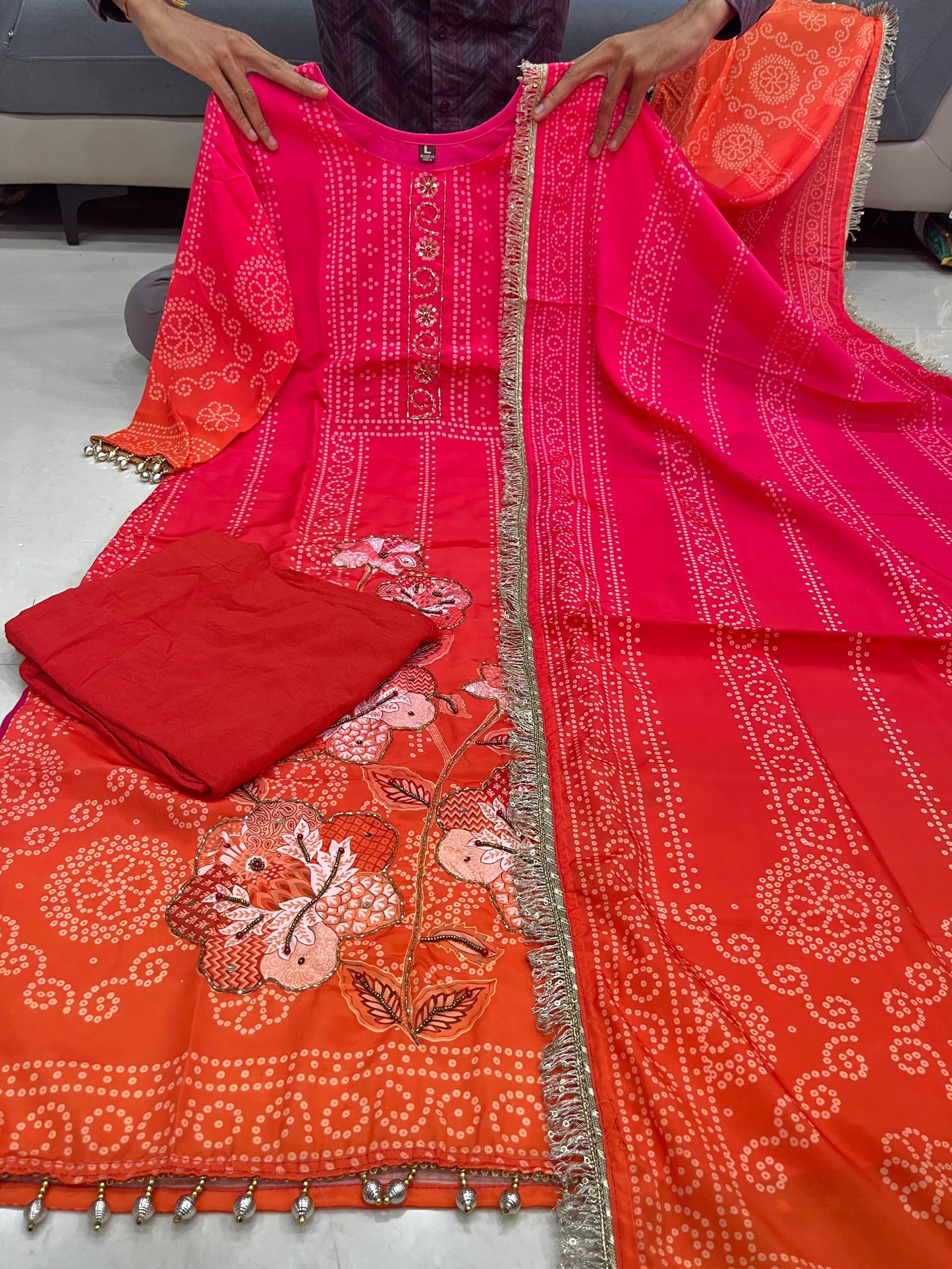 Premium Pure Softy Chinon Silk Kurti Set with Aari & Hand Work – 3-Piece Festive Wear